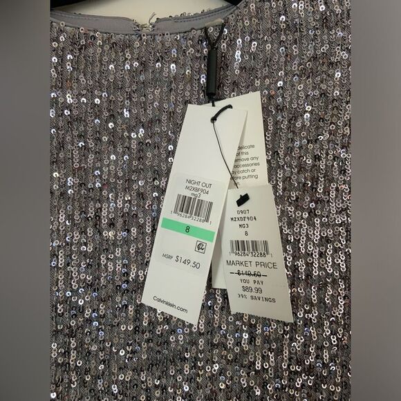 Calvin Klein 8 Festive Sequin Sheath Minimalist Glam Dress Silver Gray Holiday - Picture 6 of 8
